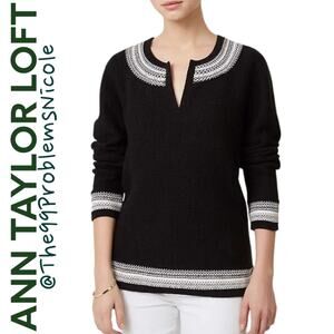 LOFT Black Embroidered Split Neck Sweater